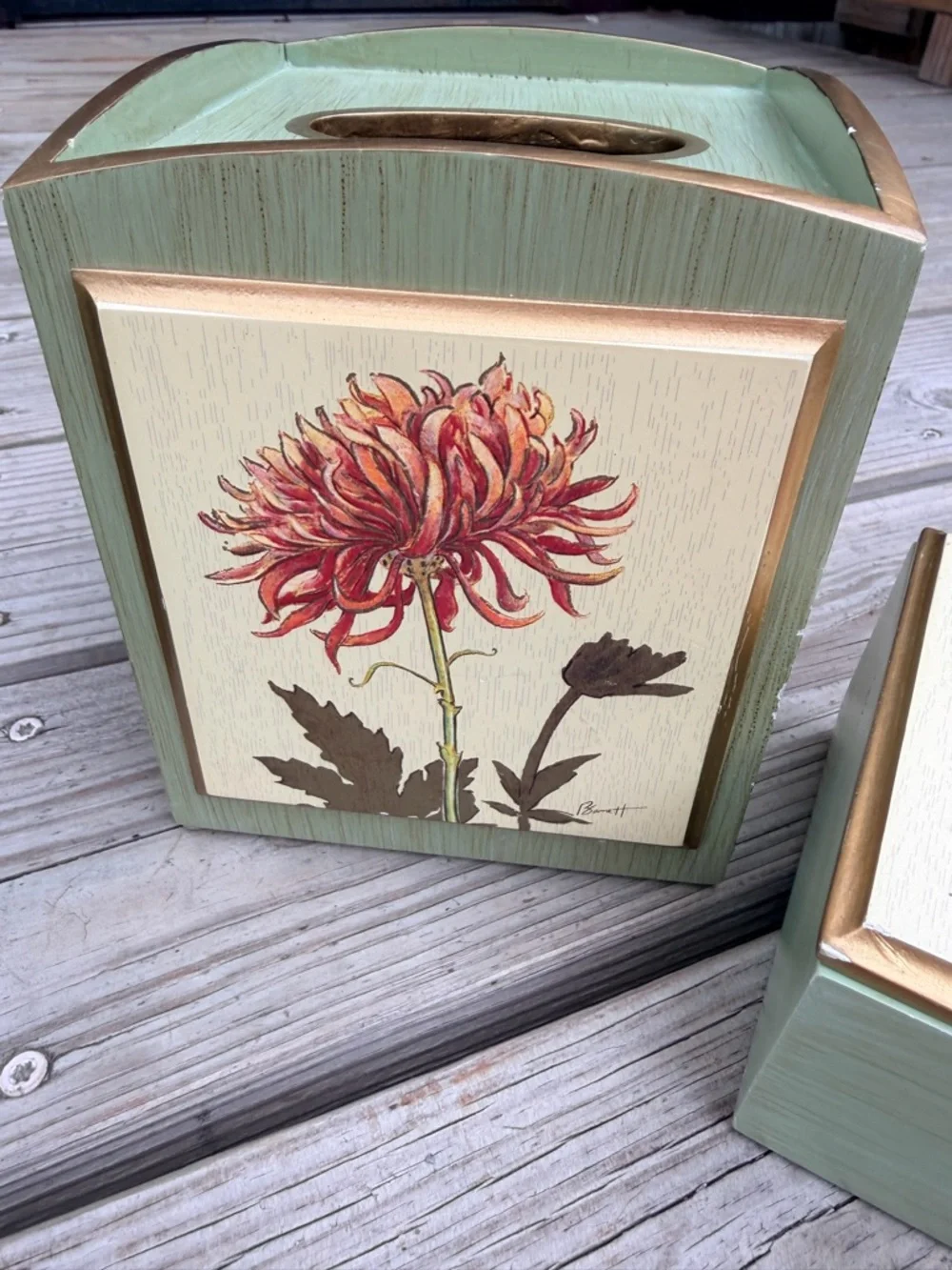Signed Hand Painted Floral Tissue Box‎ Cover & Trinket Box Set Sage Green Gold